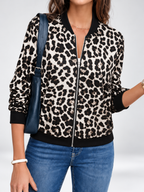 Women's Leopard Print Bomber Jacket with Zip Front and Ribbed Trims in Black – photo 3
