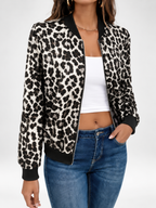 Women's Leopard Print Bomber Jacket with Zip Front and Ribbed Trims in Black – photo 4