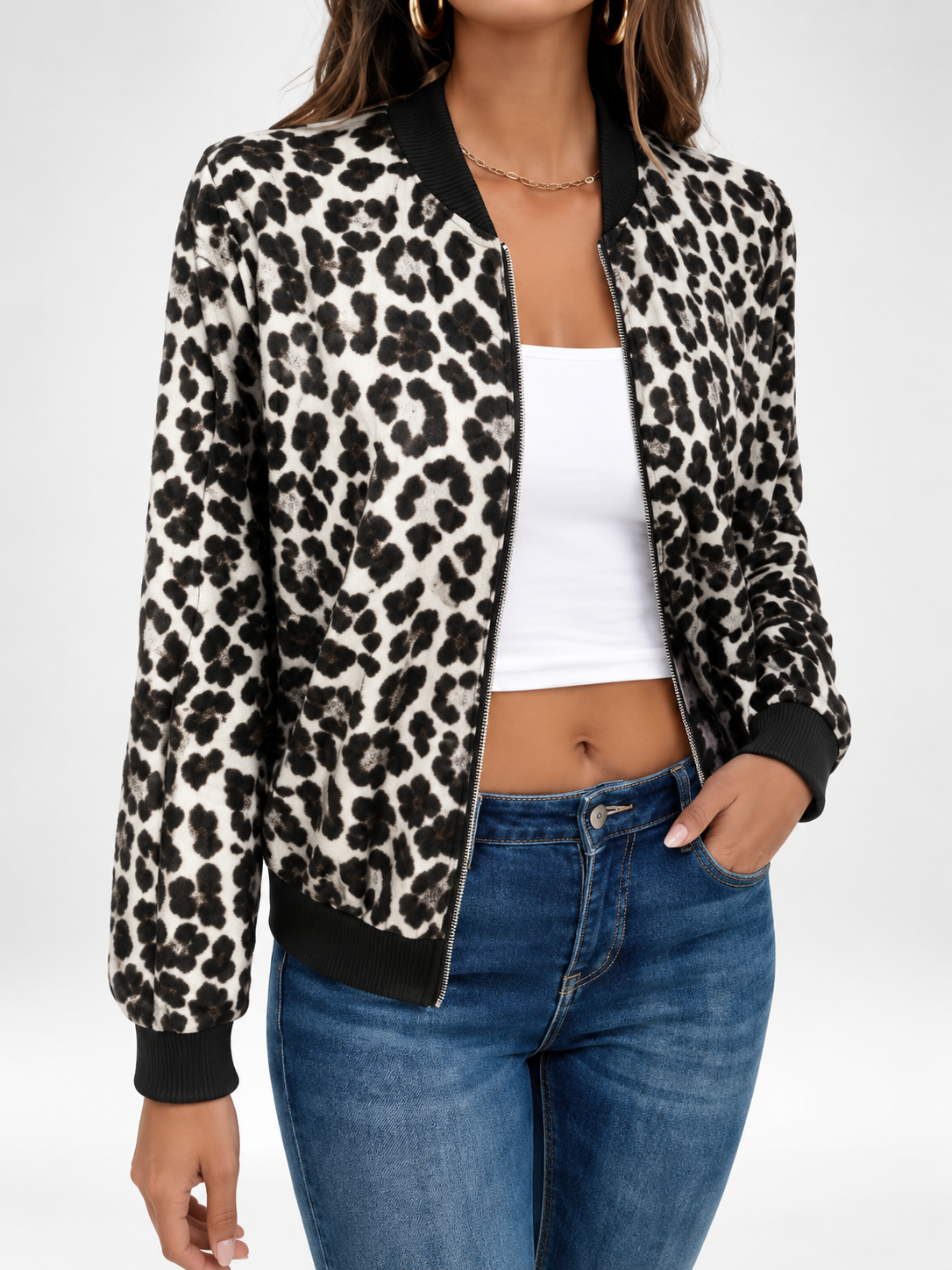 Women's Leopard Print Bomber Jacket with Zip Front and Ribbed Trims in Black – photo 4