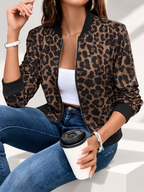 Women's Leopard Print Bomber Jacket with Zip Front and Ribbed Trims in Coffee – photo 1