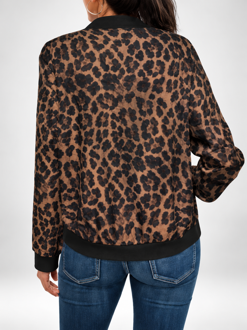Women's Leopard Print Bomber Jacket with Zip Front and Ribbed Trims in Coffee – photo 2