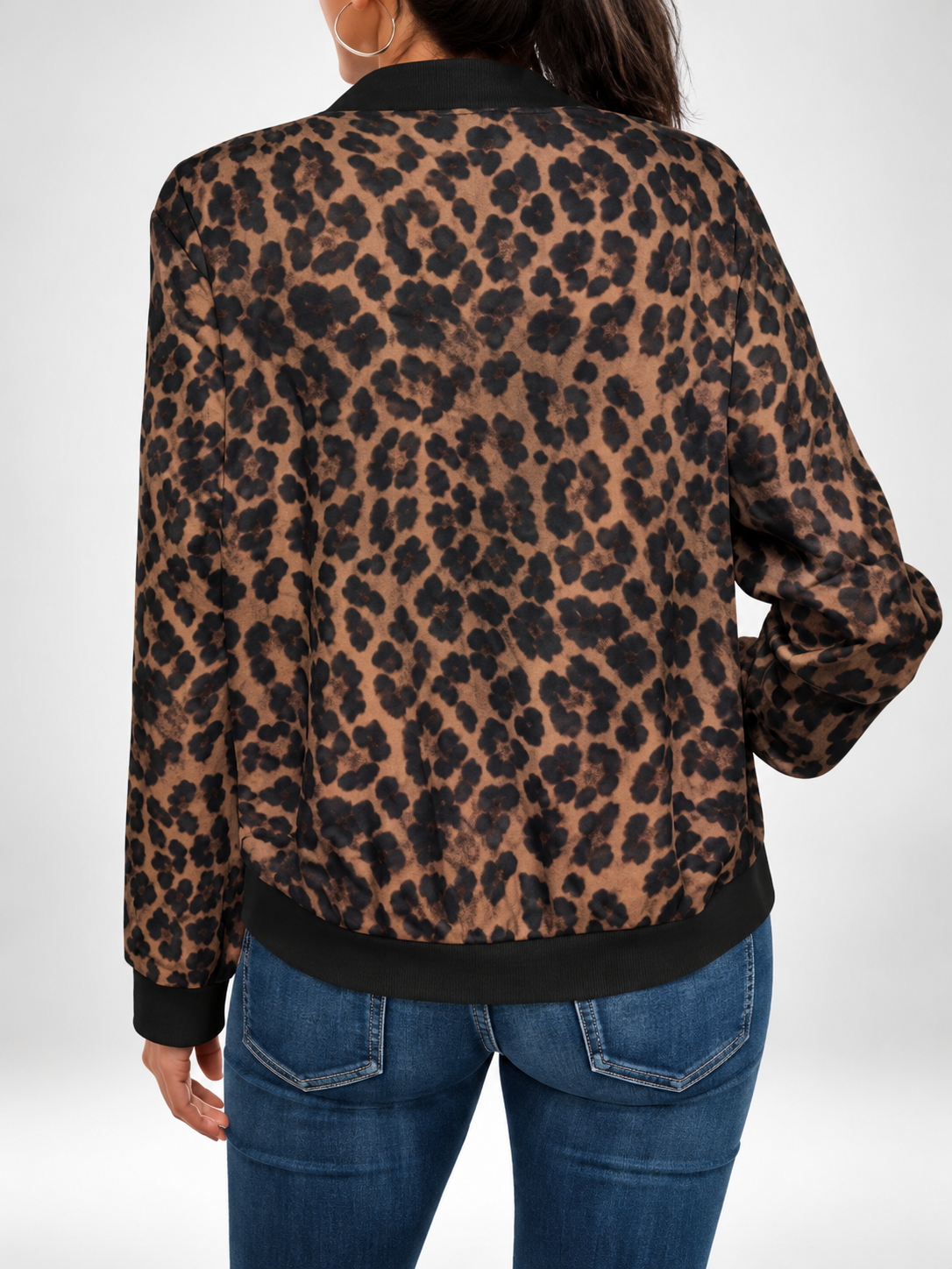 Women's Leopard Print Bomber Jacket with Zip Front and Ribbed Trims in Coffee – photo 2