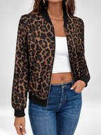Women's Leopard Print Bomber Jacket with Zip Front and Ribbed Trims in Coffee – photo 3