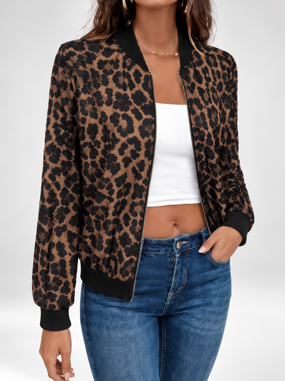 Women's Leopard Print Bomber Jacket with Zip Front and Ribbed Trims in Coffee – photo 3