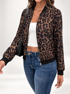 Women's Leopard Print Bomber Jacket with Zip Front and Ribbed Trims in Coffee – photo 4