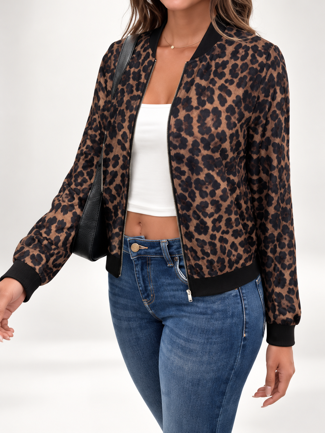 Women's Leopard Print Bomber Jacket with Zip Front and Ribbed Trims in Coffee – photo 4