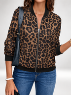 Women's Leopard Print Bomber Jacket with Zip Front and Ribbed Trims in Coffee – photo 5
