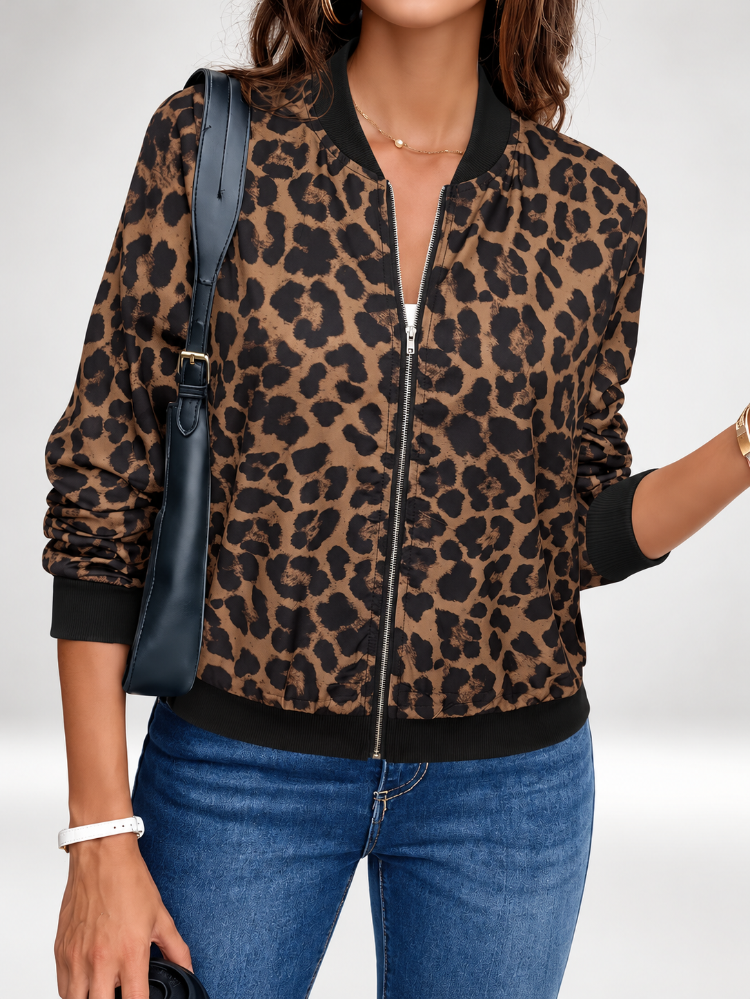 Women's Leopard Print Bomber Jacket with Zip Front and Ribbed Trims in Coffee – photo 5