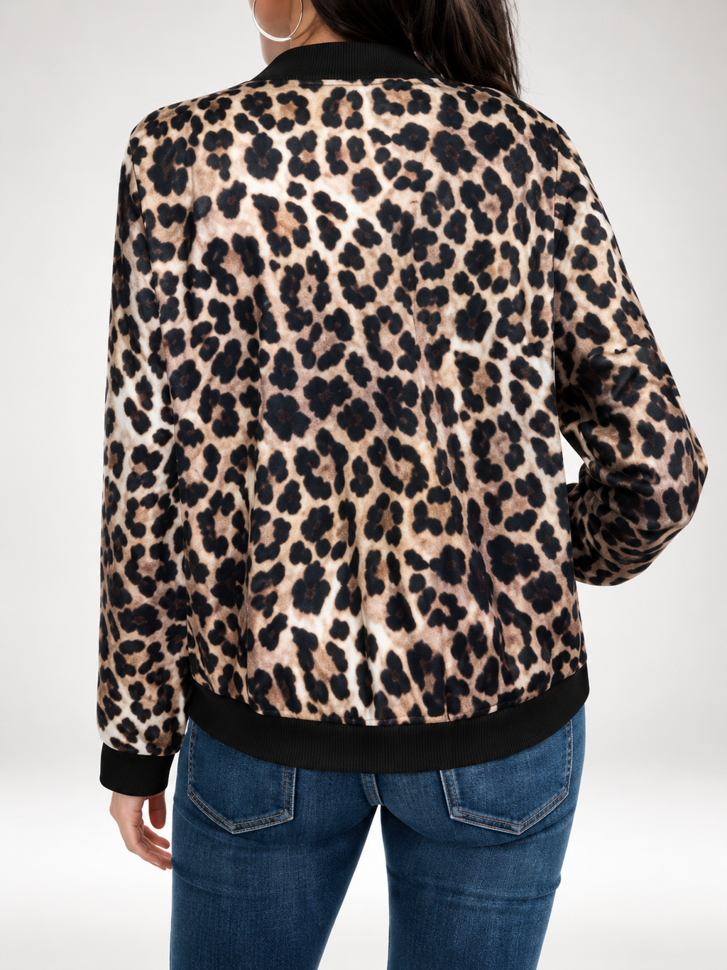 Women's Leopard Print Bomber Jacket with Zip Front and Ribbed Trims in Khaki – photo 2