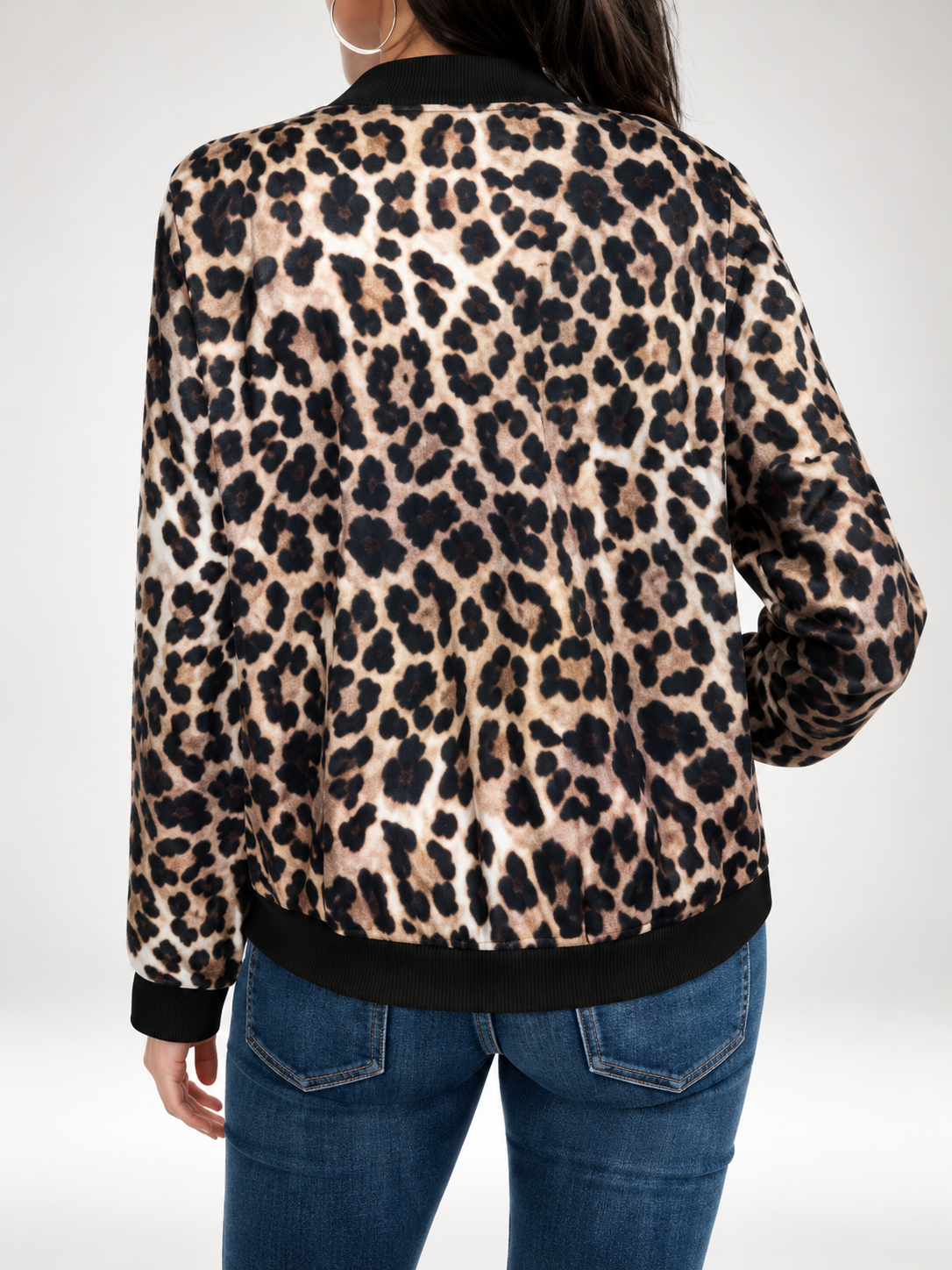 Women's Leopard Print Bomber Jacket with Zip Front and Ribbed Trims in Khaki – photo 2