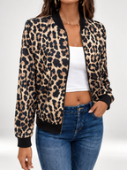 Women's Leopard Print Bomber Jacket with Zip Front and Ribbed Trims in Khaki – photo 3