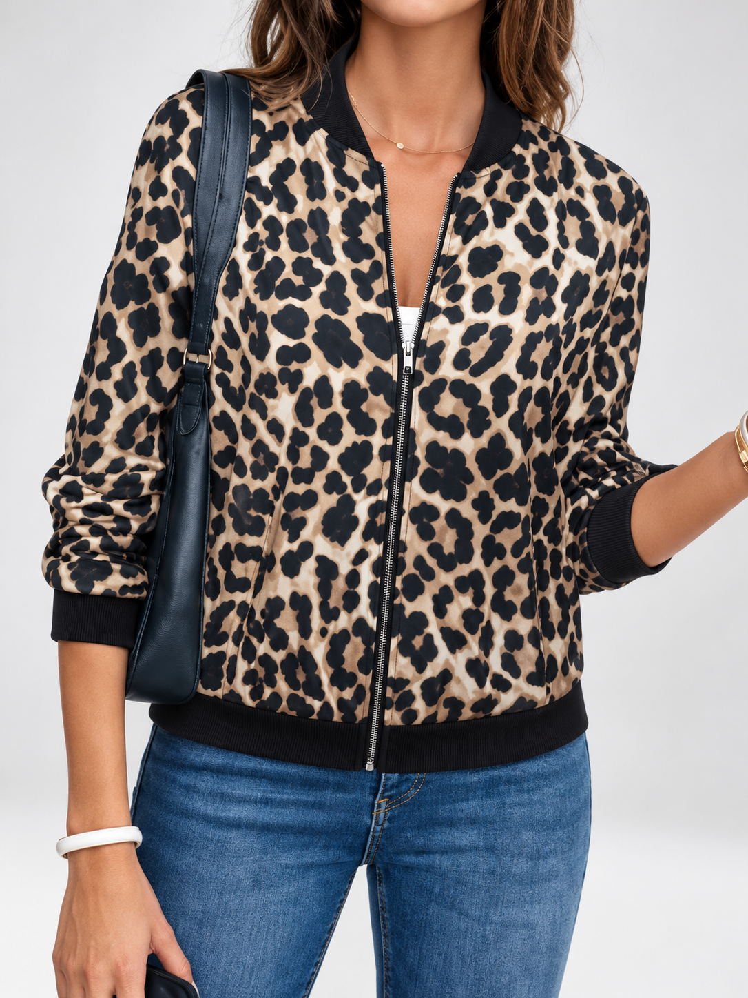 Women's Leopard Print Bomber Jacket with Zip Front and Ribbed Trims in Khaki – photo 4