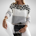 Women's Leopard Print Colourblock Knit Jumper with Round Neck
