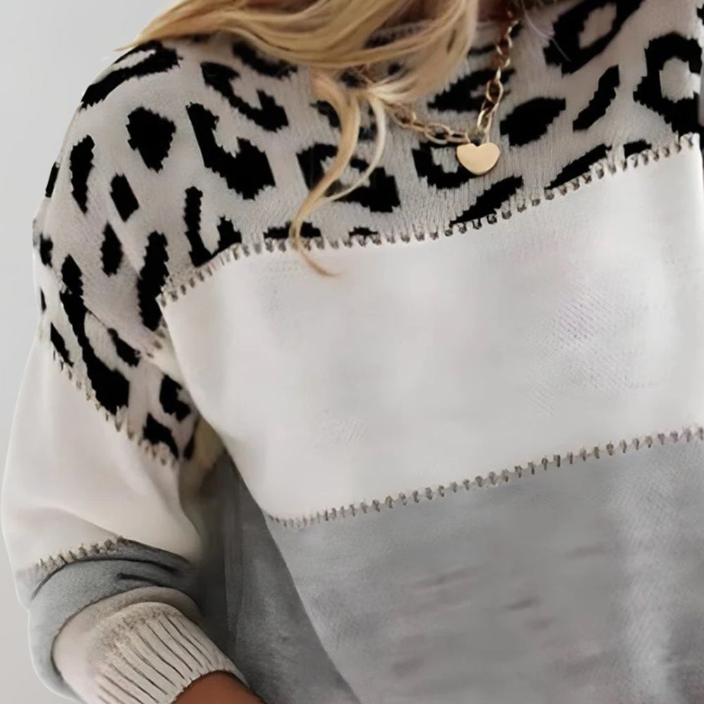 Women's Leopard Print Colourblock Knit Jumper with Round Neck