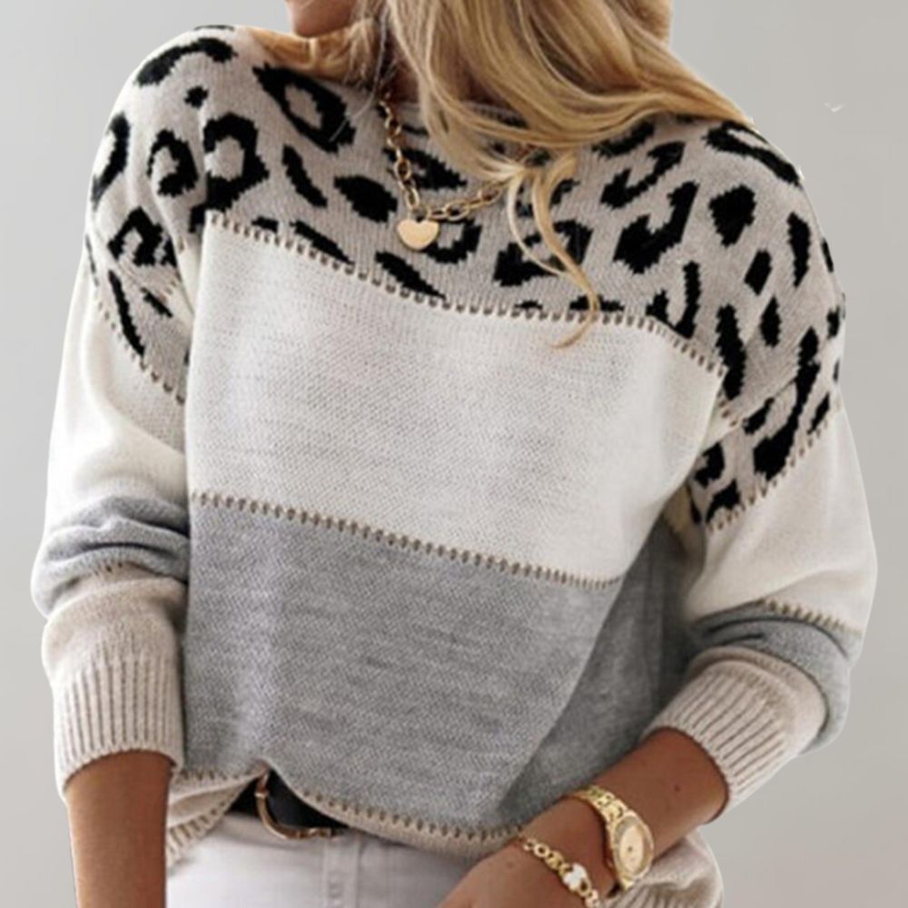 Women's Leopard Print Colourblock Knit Jumper with Round Neck