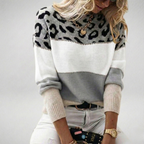 Women's Leopard Print Colourblock Knit Jumper with Round Neck