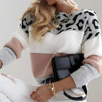 Women's Leopard Print Colourblock Knit Jumper with Round Neck