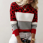 Women's Leopard Print Colourblock Knit Jumper with Round Neck
