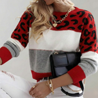 Women's Leopard Print Colourblock Knit Jumper with Round Neck