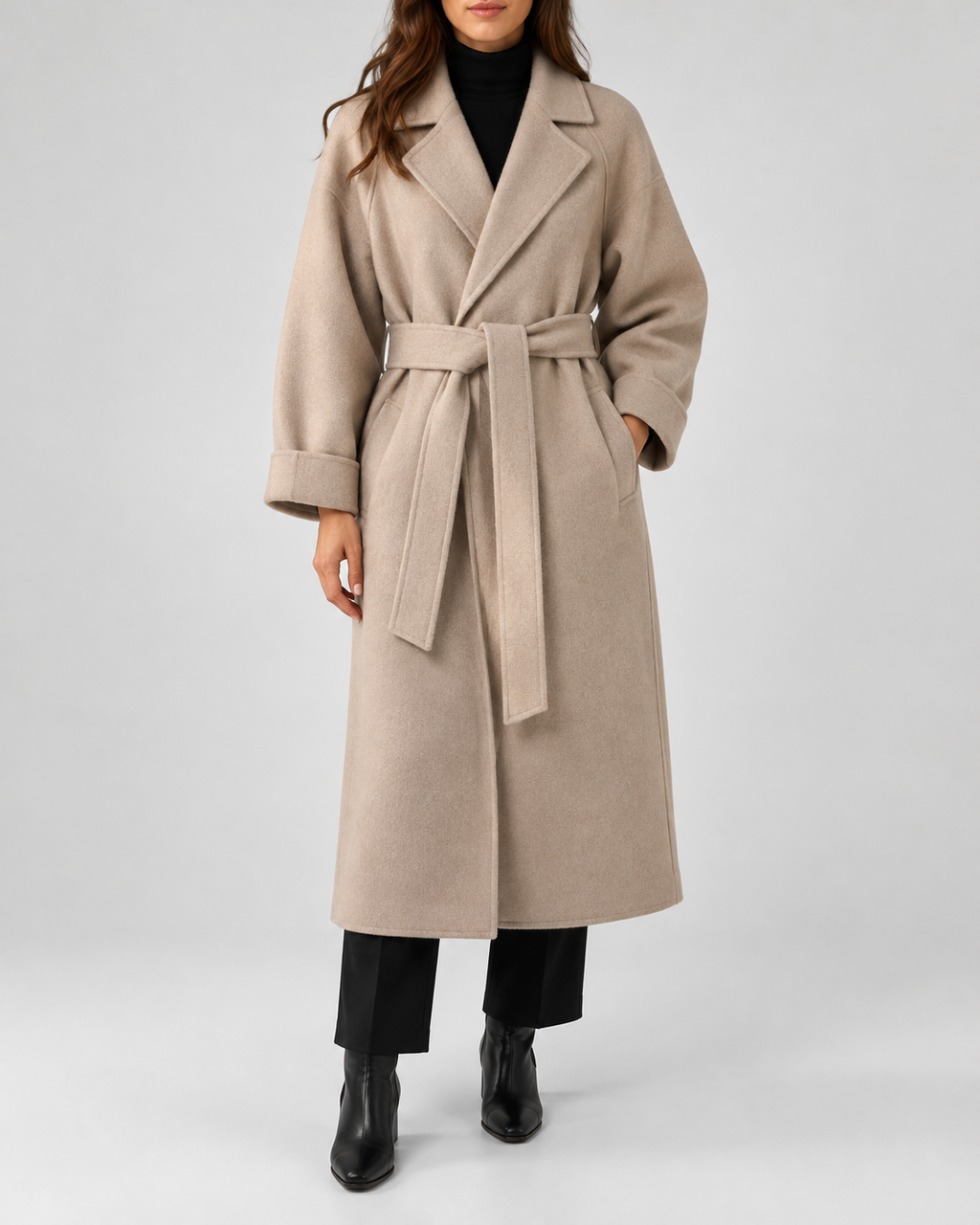 Women's Long Belted Coat with Raglan Sleeves and Side Pockets in Beige – Front View
