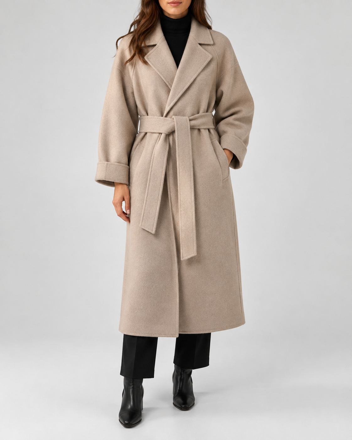 Women's Long Belted Coat with Raglan Sleeves and Side Pockets in Beige – Front View