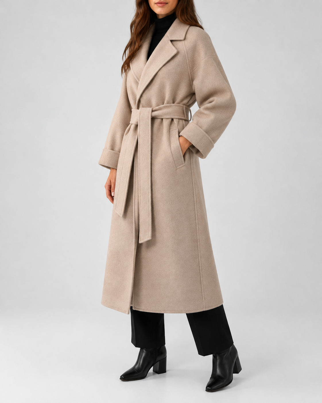 Women's Long Belted Coat with Raglan Sleeves and Side Pockets in Beige – Three-Quarter View