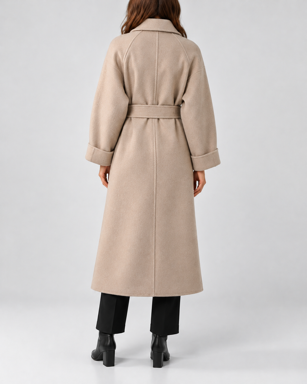 Women's Long Belted Coat with Raglan Sleeves and Side Pockets in Beige – Back View