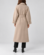 Women's Long Belted Coat with Raglan Sleeves and Side Pockets in Beige – Back View