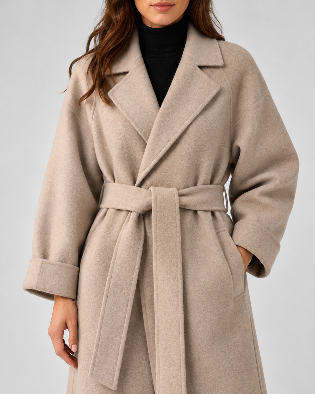 Women's Long Belted Coat with Raglan Sleeves and Side Pockets in Beige – Detail
