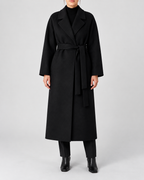 Women's Long Belted Coat with Raglan Sleeves and Side Pockets in Black – Front View