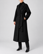 Women's Long Belted Coat with Raglan Sleeves and Side Pockets in Black – Three-Quarter View