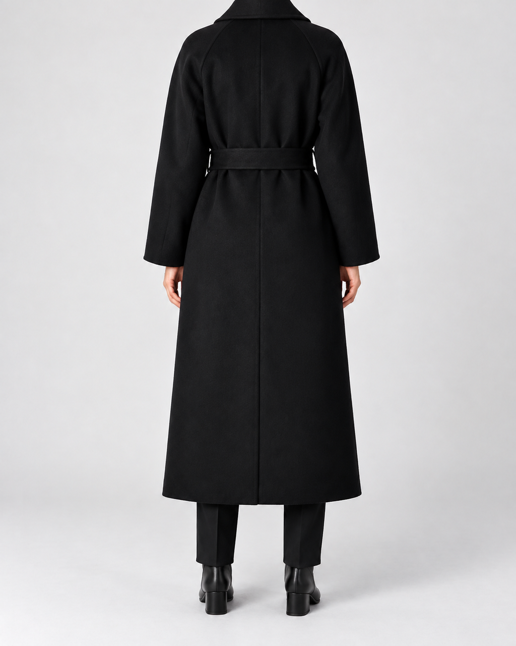 Women's Long Belted Coat with Raglan Sleeves and Side Pockets in Black – Back View