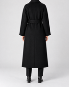 Women's Long Belted Coat with Raglan Sleeves and Side Pockets in Black – Back View