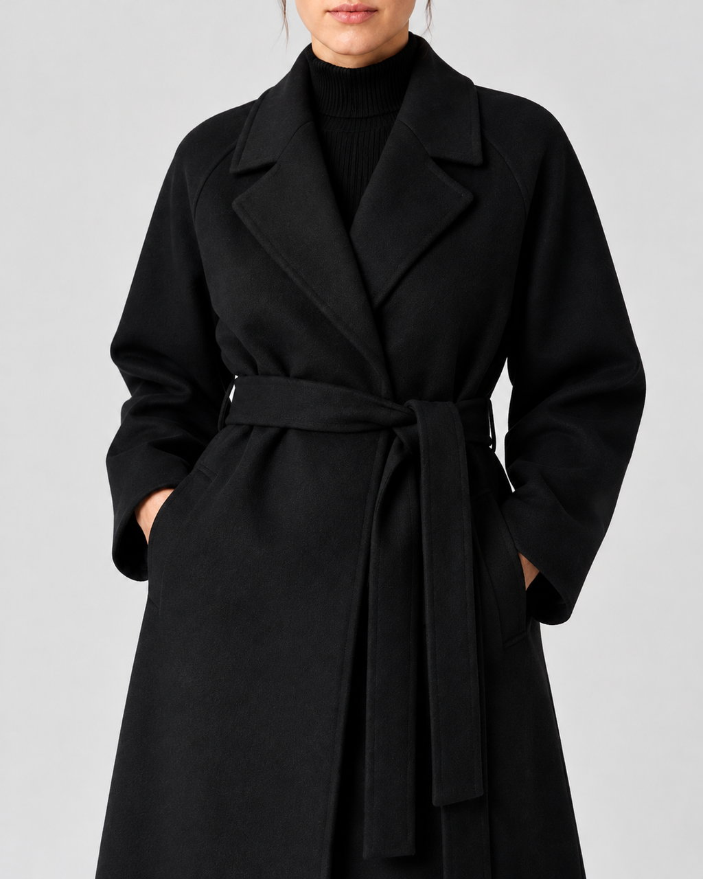 Women's Long Belted Coat with Raglan Sleeves and Side Pockets in Black – Detail