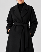 Women's Long Belted Coat with Raglan Sleeves and Side Pockets in Black – Detail
