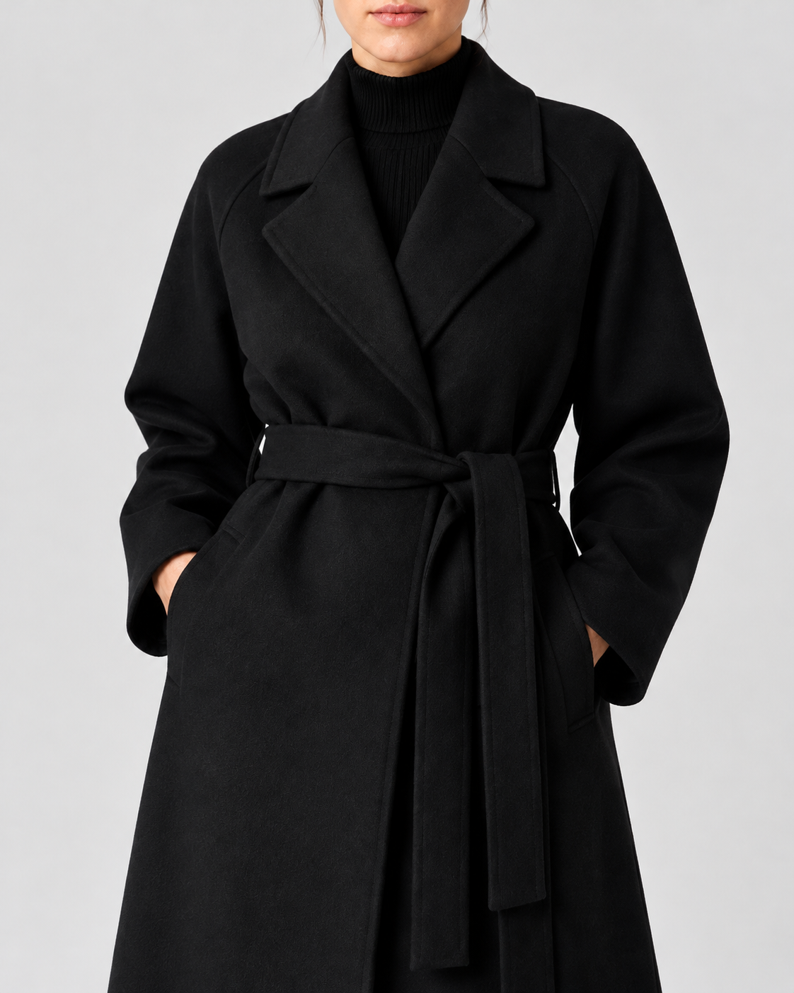 Women's Long Belted Coat with Raglan Sleeves and Side Pockets in Black – Detail