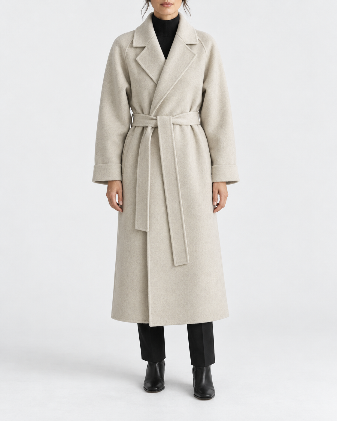 Women's Long Belted Coat with Raglan Sleeves and Side Pockets in Off White – Front View