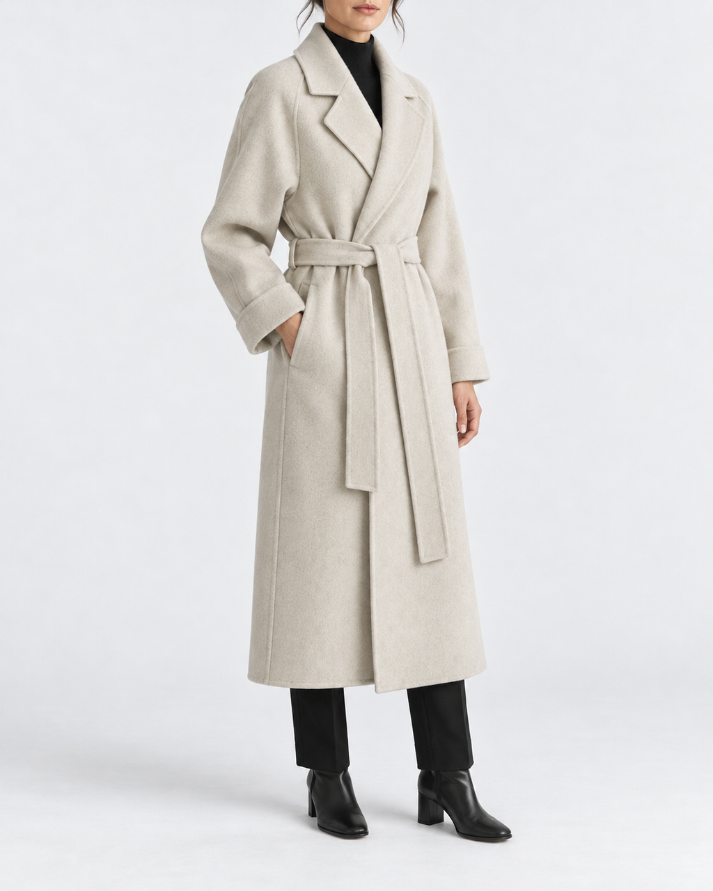 Women's Long Belted Coat with Raglan Sleeves and Side Pockets in Off White – Three-Quarter View