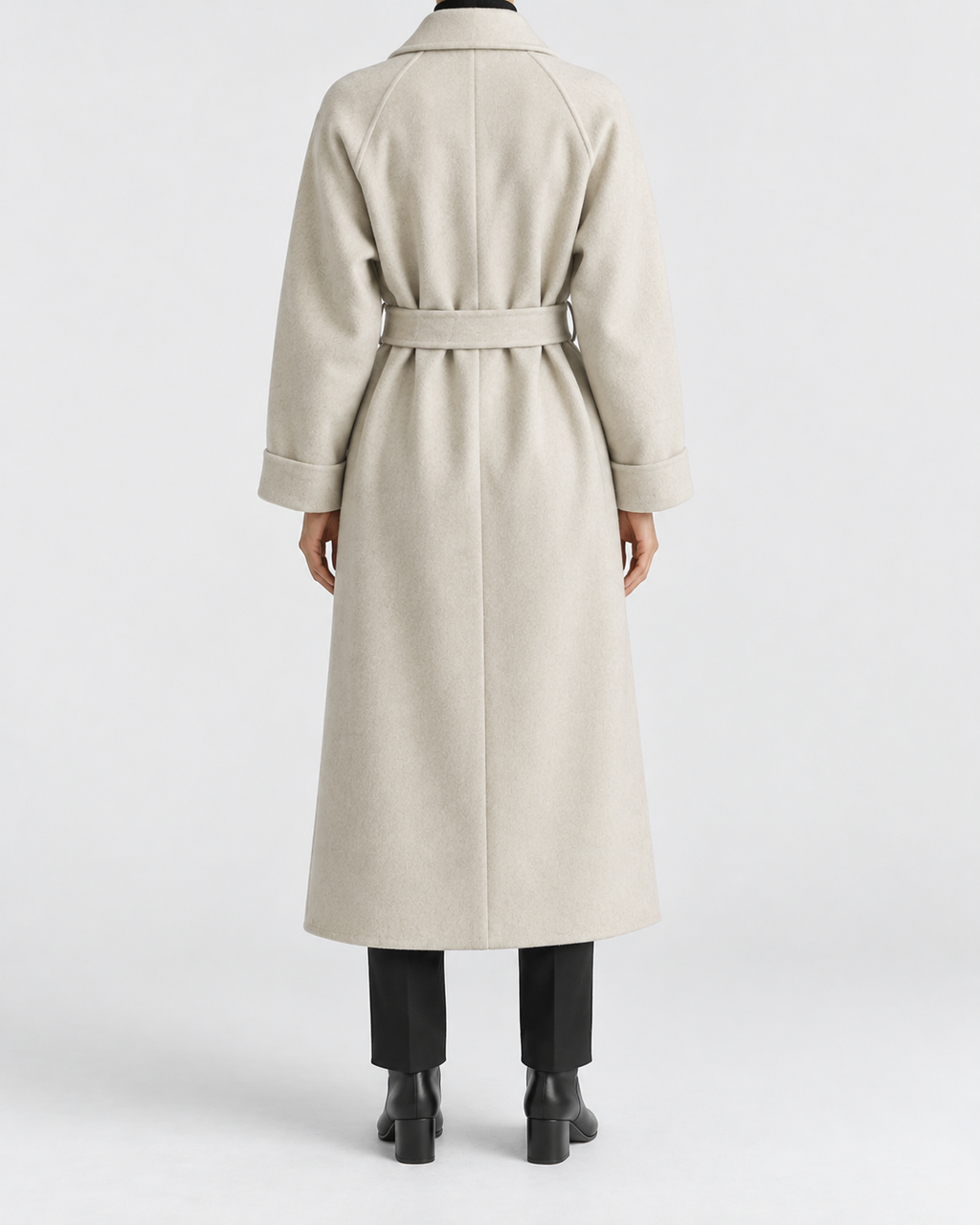 Women's Long Belted Coat with Raglan Sleeves and Side Pockets in Off White – Back View