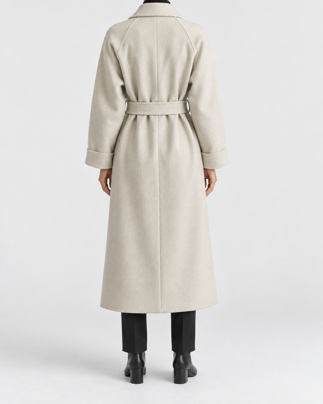 Women's Long Belted Coat with Raglan Sleeves and Side Pockets in Off White – Back View