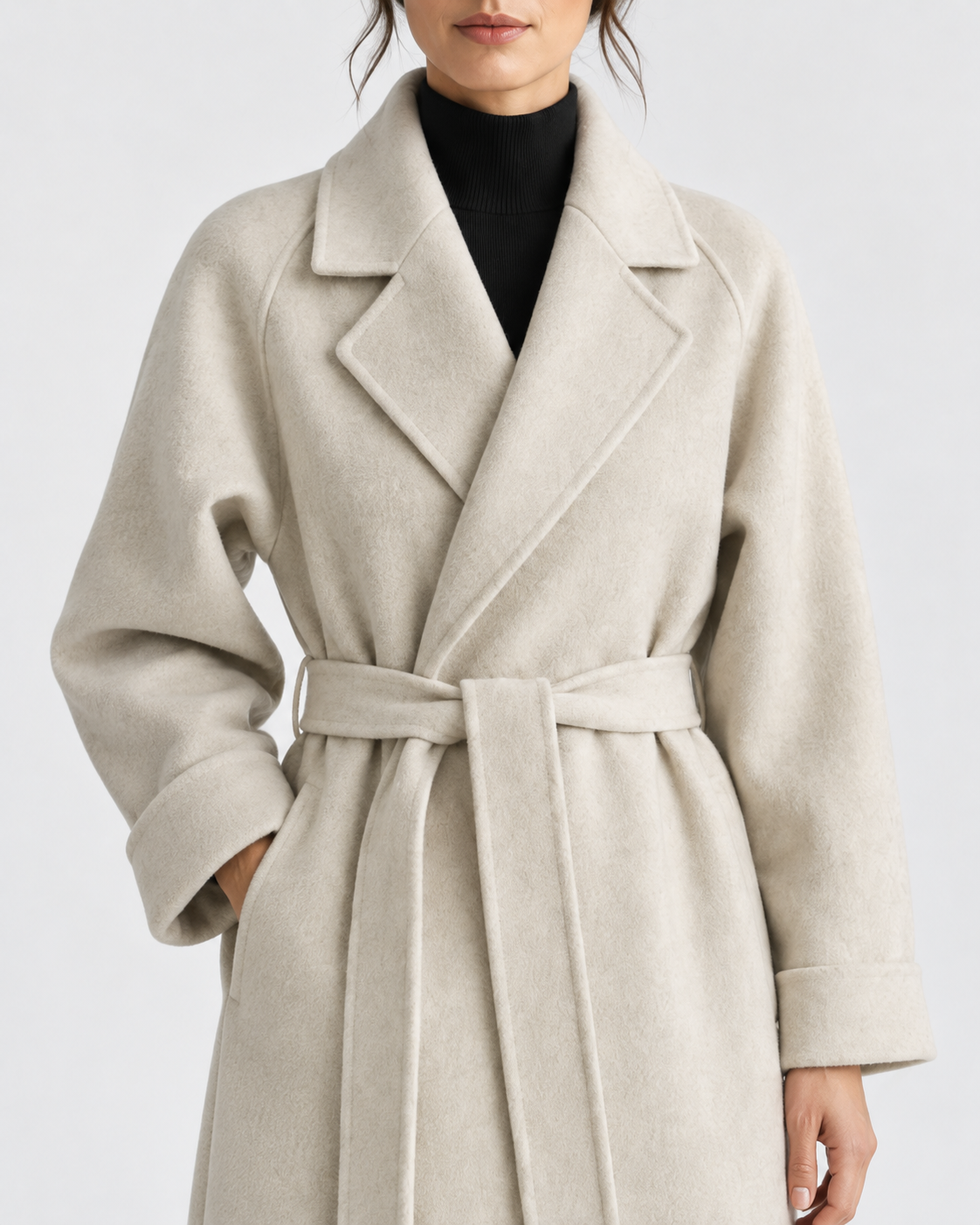 Women's Long Belted Coat with Raglan Sleeves and Side Pockets in Off White – Detail