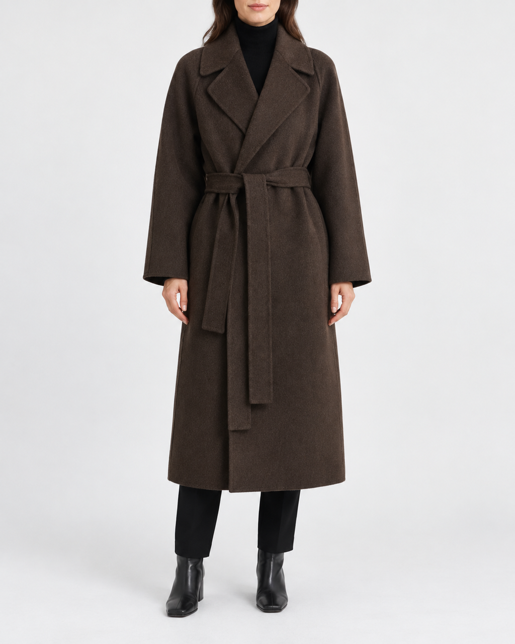 Women's Long Belted Coat with Raglan Sleeves and Side Pockets in Dark Brown – Front View