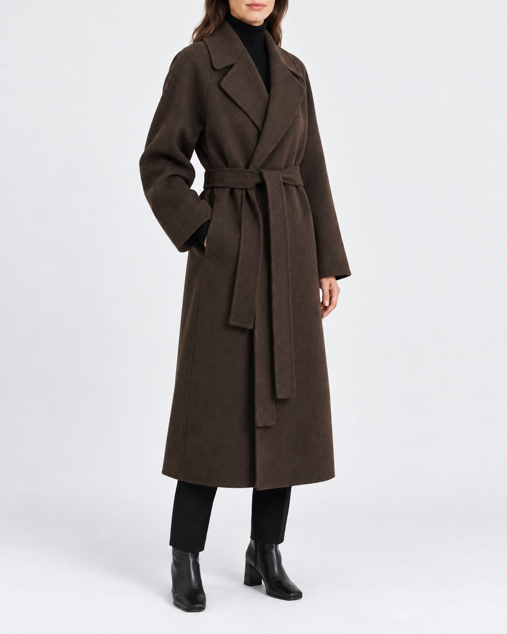 Women's Long Belted Coat with Raglan Sleeves and Side Pockets in Dark Brown – Three-Quarter View