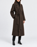 Women's Long Belted Coat with Raglan Sleeves and Side Pockets in Dark Brown – Three-Quarter View