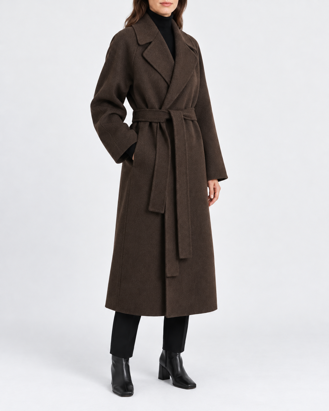 Women's Long Belted Coat with Raglan Sleeves and Side Pockets in Dark Brown – Three-Quarter View