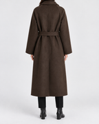 Women's Long Belted Coat with Raglan Sleeves and Side Pockets in Dark Brown – Back View