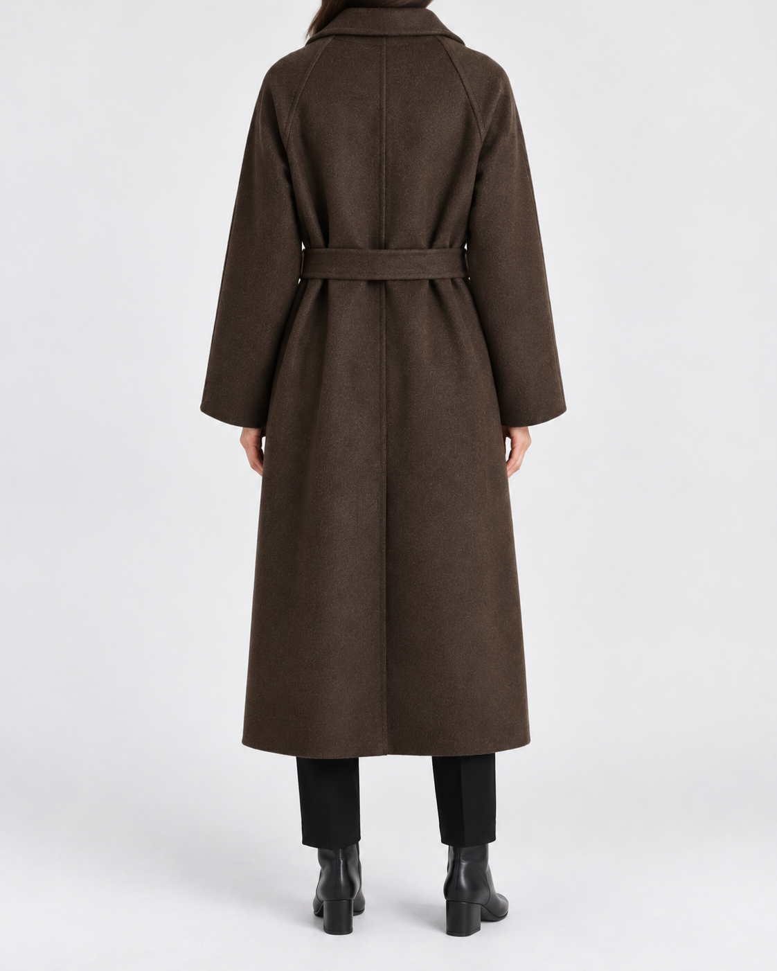 Women's Long Belted Coat with Raglan Sleeves and Side Pockets in Dark Brown – Back View