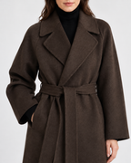 Women's Long Belted Coat with Raglan Sleeves and Side Pockets in Dark Brown – Detail