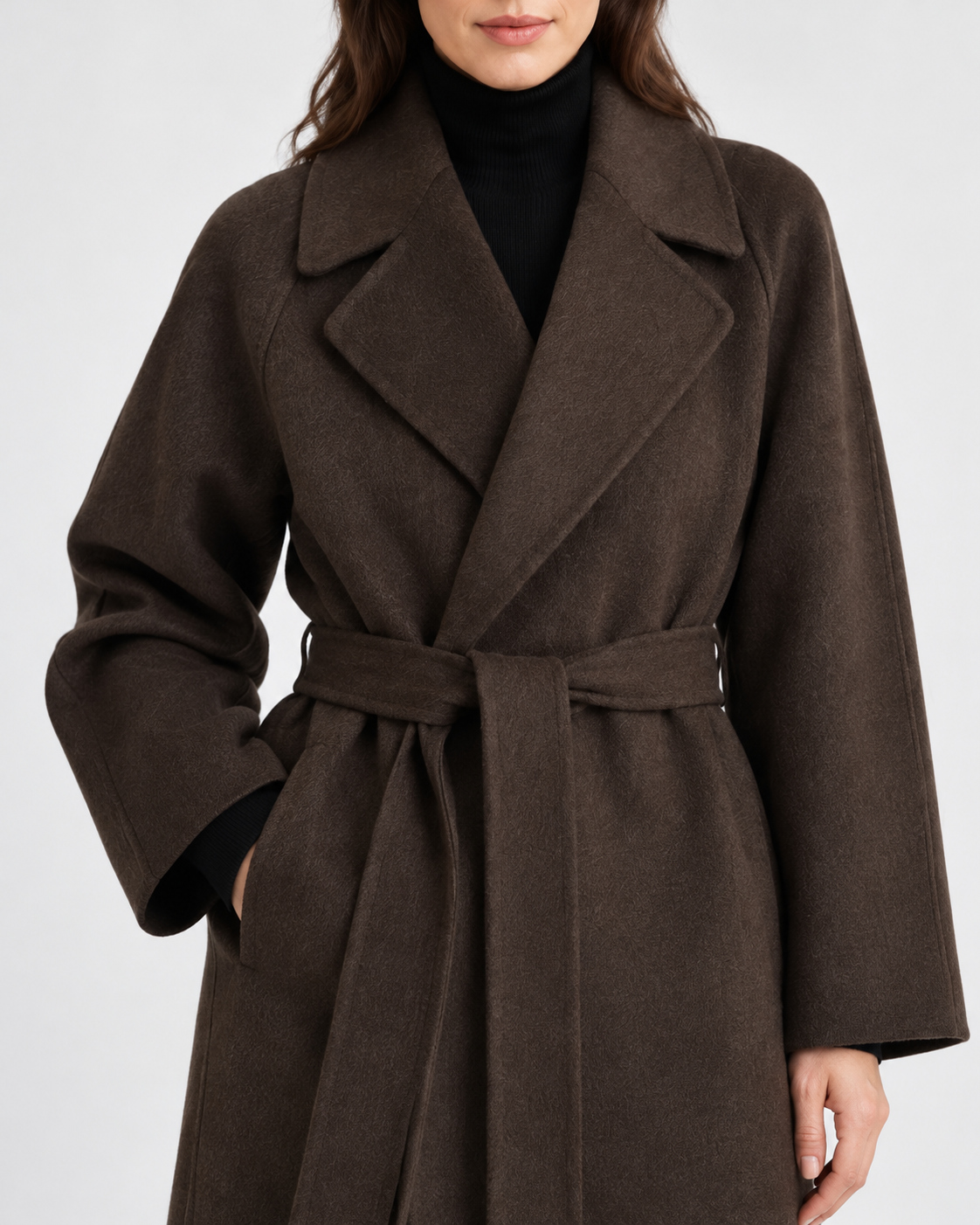 Women's Long Belted Coat with Raglan Sleeves and Side Pockets in Dark Brown – Detail