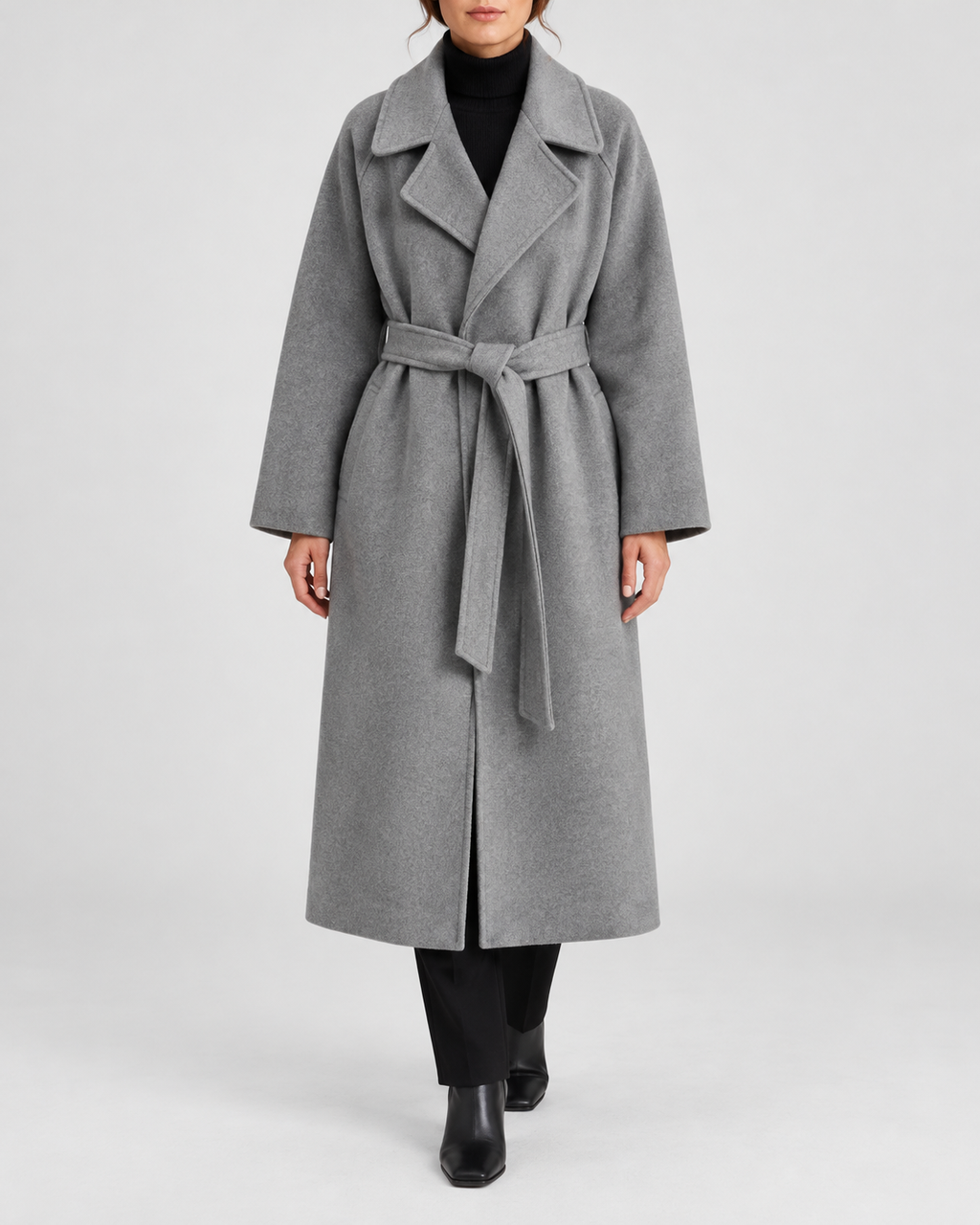 Women's Long Belted Coat with Raglan Sleeves and Side Pockets in Grey – Front View